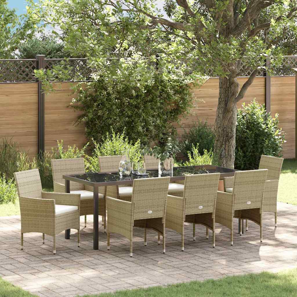 Tuin eettafelset met kussen 9 pcs Beige poly rattan is nu te koop bij PeponiXL, paradijselijk wonen!