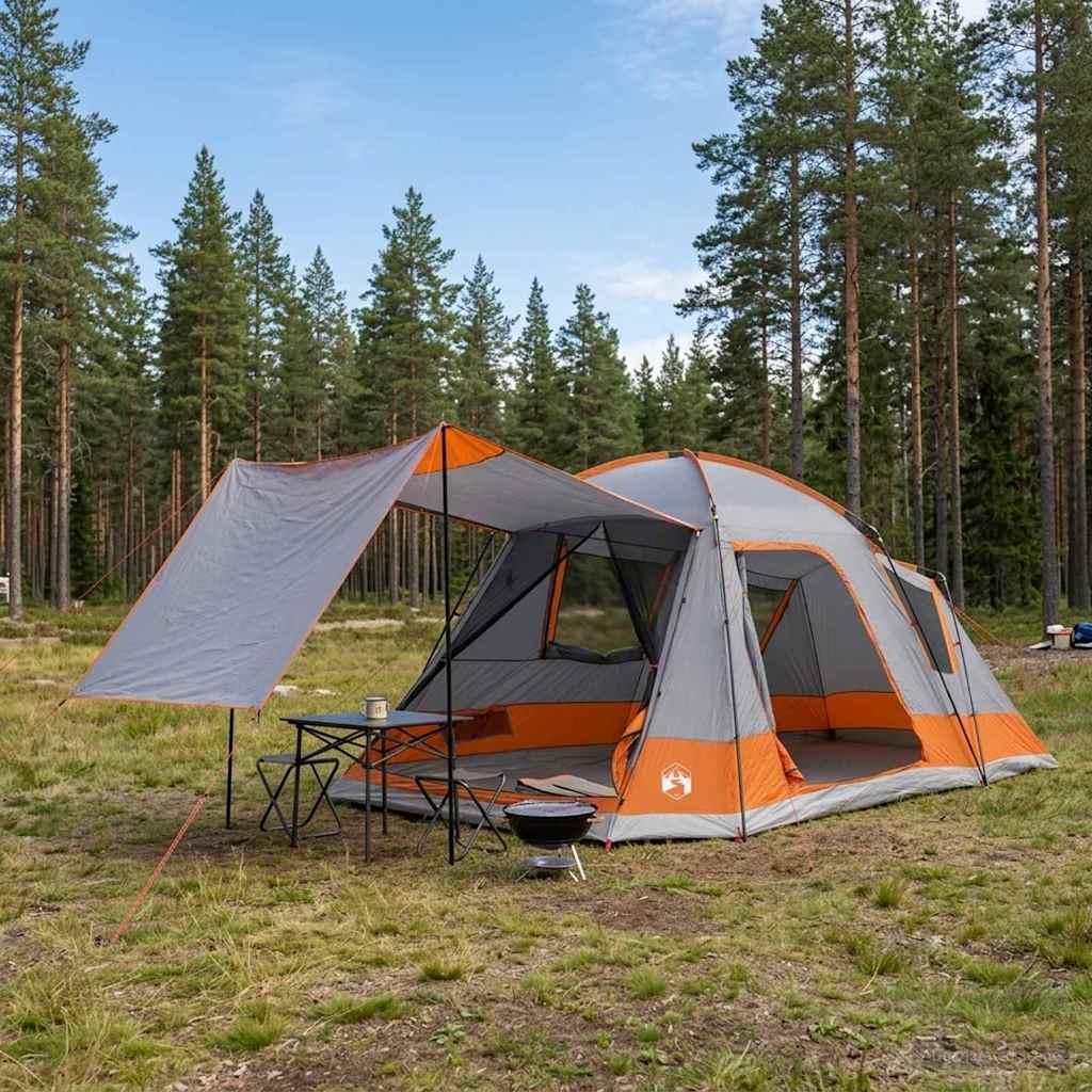 Huisje Tent Grijs en Oranje 12-Persoons Polyester en staal is nu te koop bij PeponiXL, paradijselijk wonen!