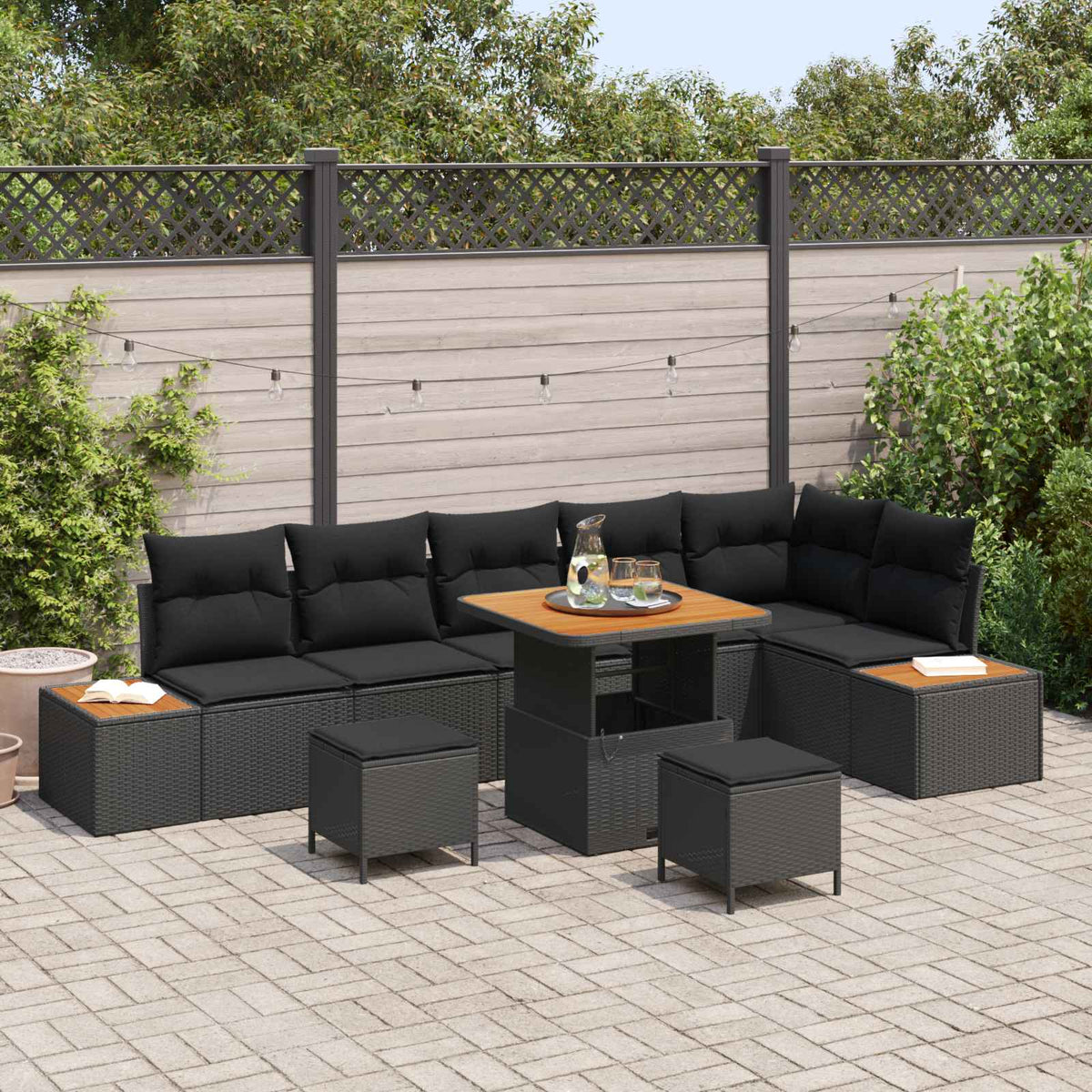 Tuinbankenset met kussen met opslag 9 pcs Zwart Poly riet is nu te koop bij PeponiXL, paradijselijk wonen!