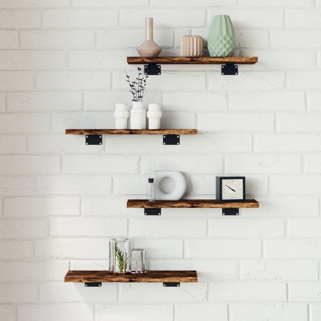 Wandschappen 4 st 40x10x1,5 cm bewerkt hout gerookt eikenkleur is nu te koop bij PeponiXL, paradijselijk wonen!
