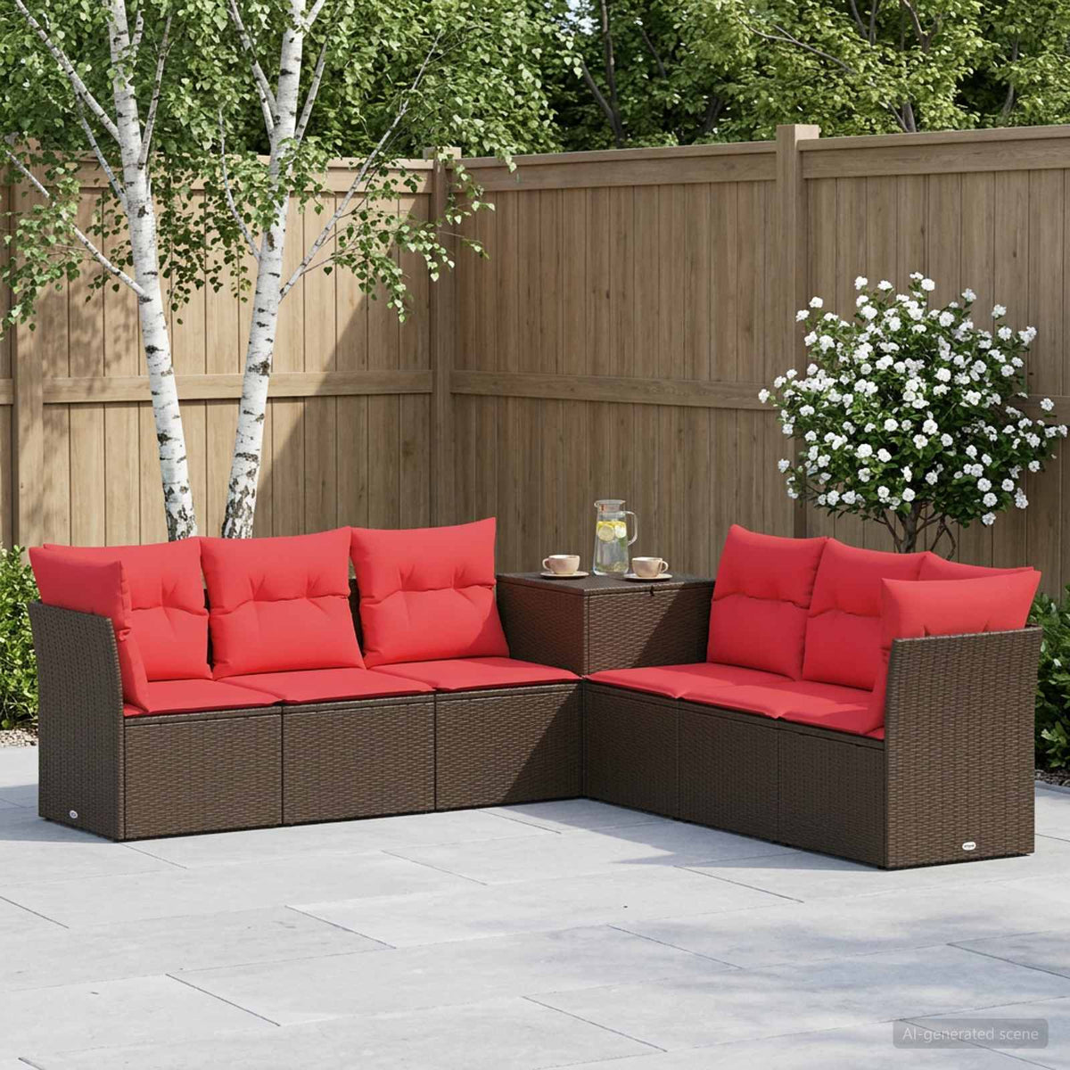 Bankstel 7 pcs Bruin en Rood Poly Rattan en Staal is nu te koop bij PeponiXL, paradijselijk wonen!