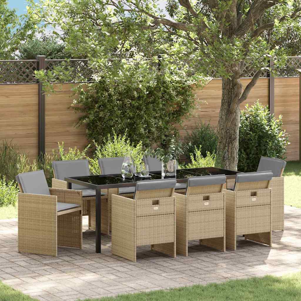 Tuin eettafelset met kussen 9 pcs Beige poly rattan is nu te koop bij PeponiXL, paradijselijk wonen!