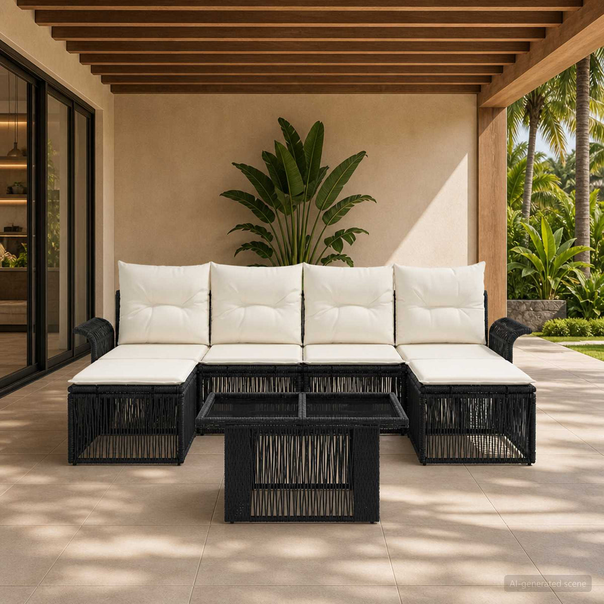 Tuinbankenset 7 st Zwart en Cream Wit poly rattan is nu te koop bij PeponiXL, paradijselijk wonen!