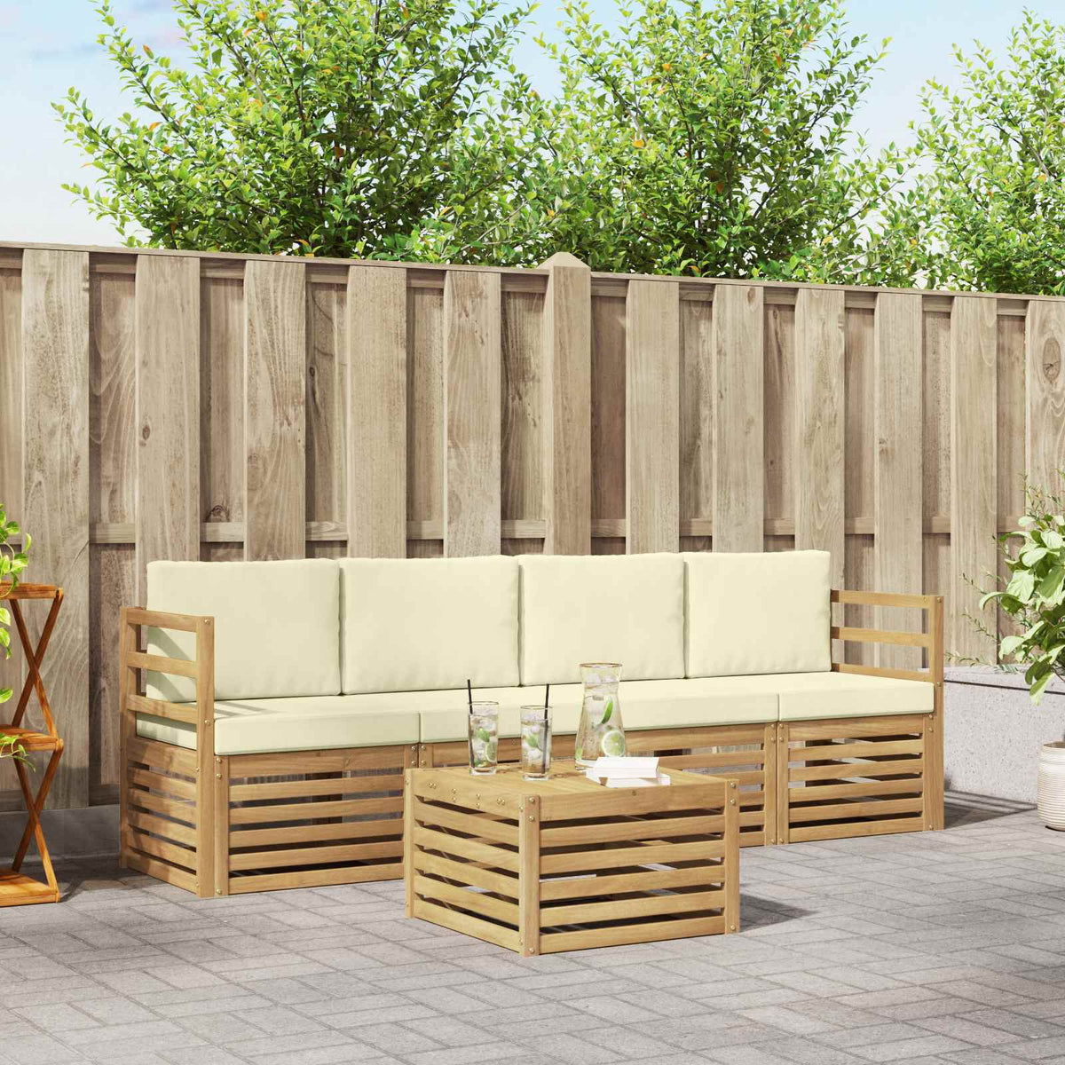 Buiten bankenset met kussen 5 pcs Wit en crèmekleurig Polyester is nu te koop bij PeponiXL, paradijselijk wonen!