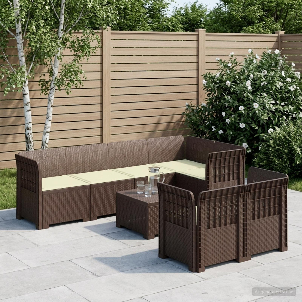 7-Persoons Tuinbank met Kussens Rieten Look PP Bruin is nu te koop bij PeponiXL, paradijselijk wonen!