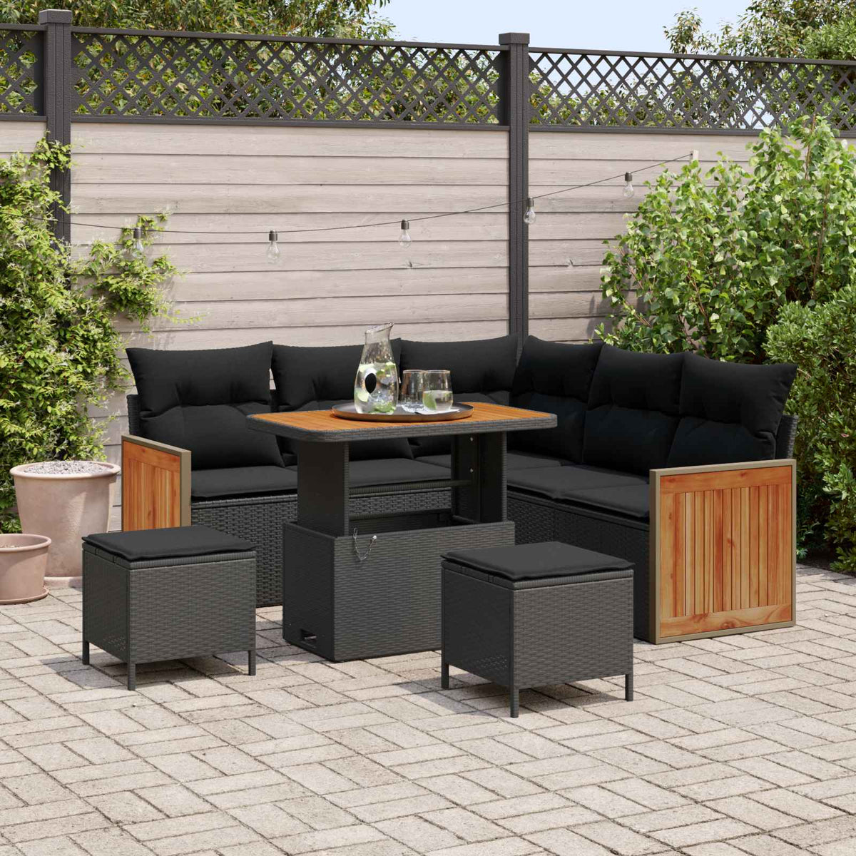 Tuinbankenset 8 pcs Zwart Poly rattan en gepoedercoat staal is nu te koop bij PeponiXL, paradijselijk wonen!