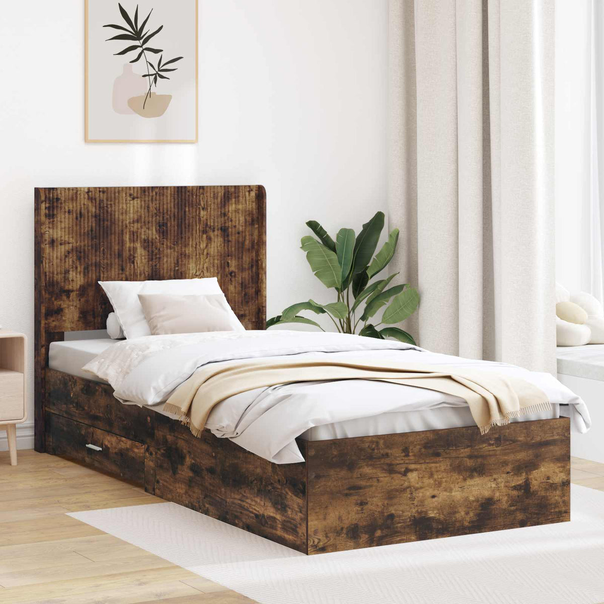 Bedframe met opbergruimte en hoofdbord Gerookt eiken is nu te koop bij PeponiXL, paradijselijk wonen!