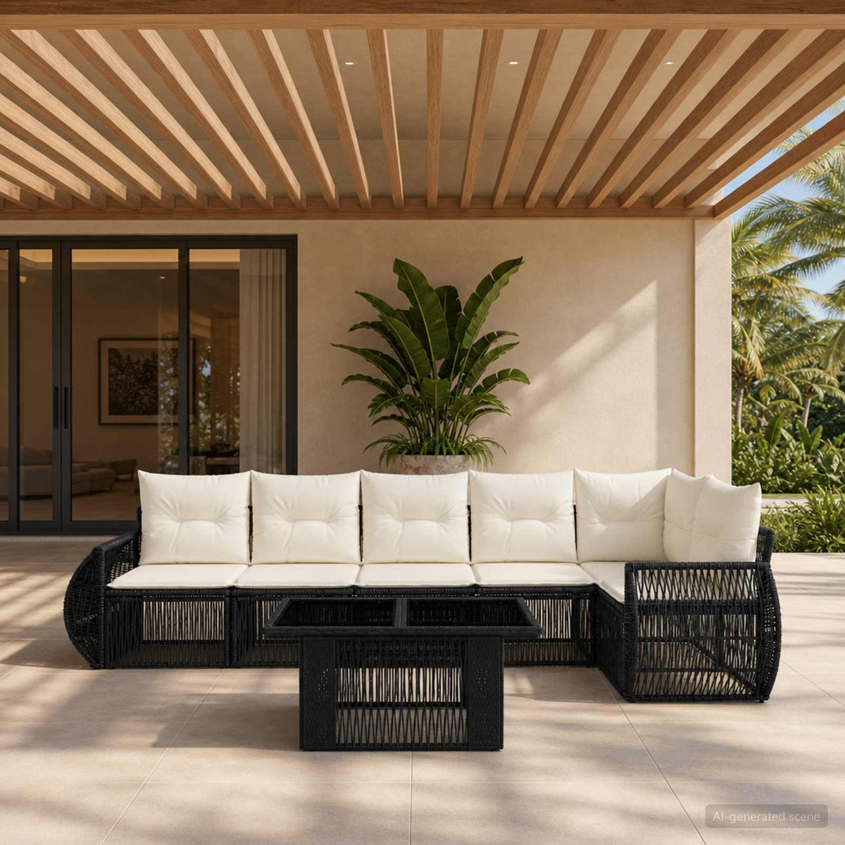 Tuinbankenset 7 st Zwart en Cream Wit poly rattan is nu te koop bij PeponiXL, paradijselijk wonen!