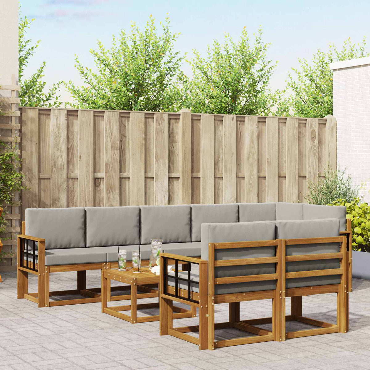 Buiten bankenset met kussen 9 pcs Natuurlijk en Lichtgrijs is nu te koop bij PeponiXL, paradijselijk wonen!