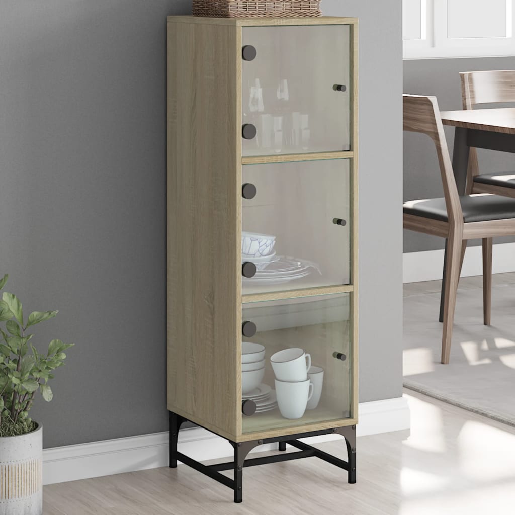 Hoge kast met glazen deuren 35x37x120 cm sonoma eikenkleurig is nu te koop bij PeponiXL, paradijselijk wonen!