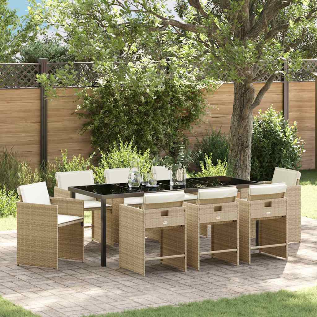 Tuin eettafelset met kussen 9 pcs Beige poly rattan is nu te koop bij PeponiXL, paradijselijk wonen!