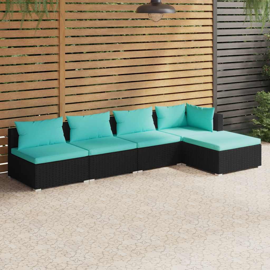5-delige Loungeset met kussens poly rattan zwart is nu te koop bij PeponiXL, paradijselijk wonen!