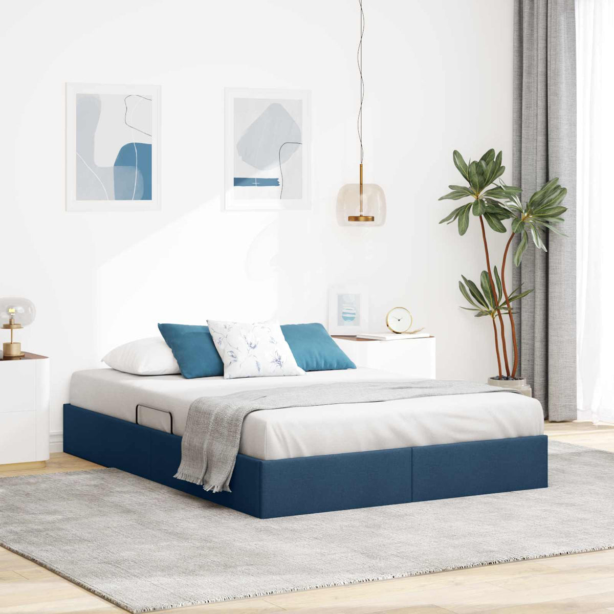 Ottoman Bedframe met opslag Blauw 140 x 200 cm Stof is nu te koop bij PeponiXL, paradijselijk wonen!