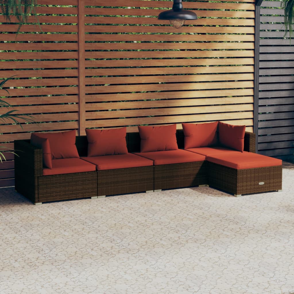 5-delige Loungeset met kussens poly rattan bruin is nu te koop bij PeponiXL, paradijselijk wonen!