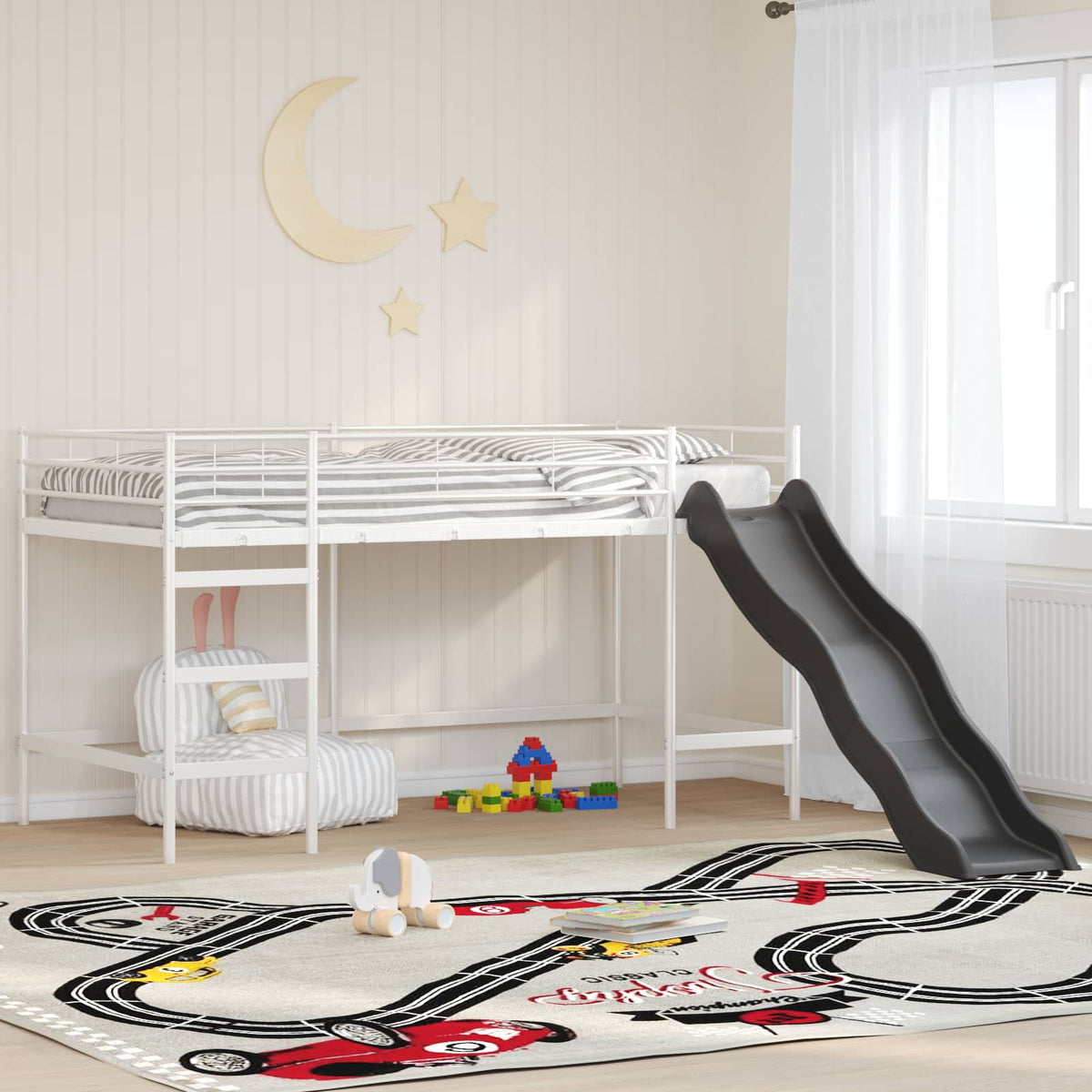 Kinder loft bedframe met glijbaan Wit en Antraciet 100 x 200 cm is nu te koop bij PeponiXL, paradijselijk wonen!