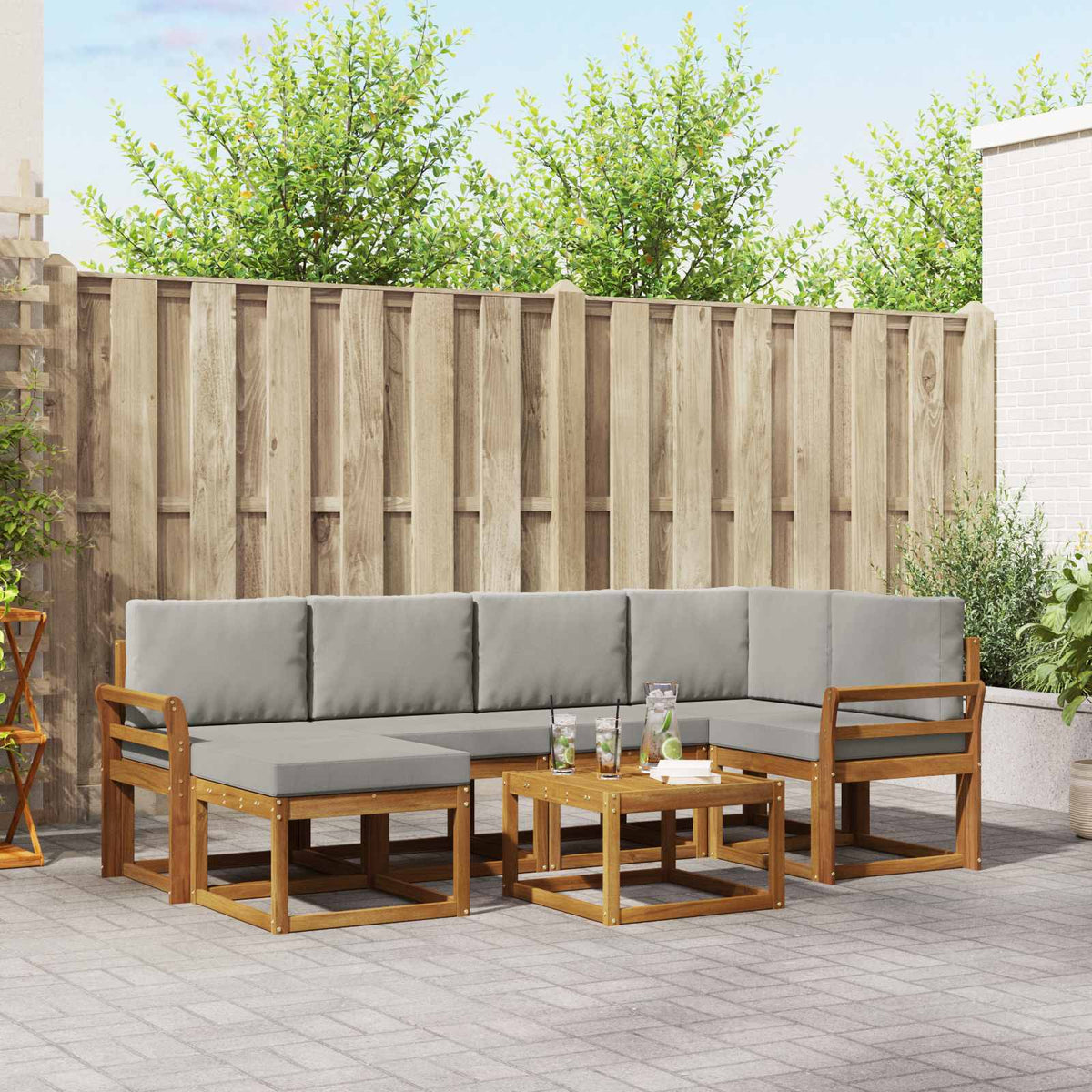 Buiten bankenset met kussen 7 pcs Natuurlijk en Lichtgrijs is nu te koop bij PeponiXL, paradijselijk wonen!