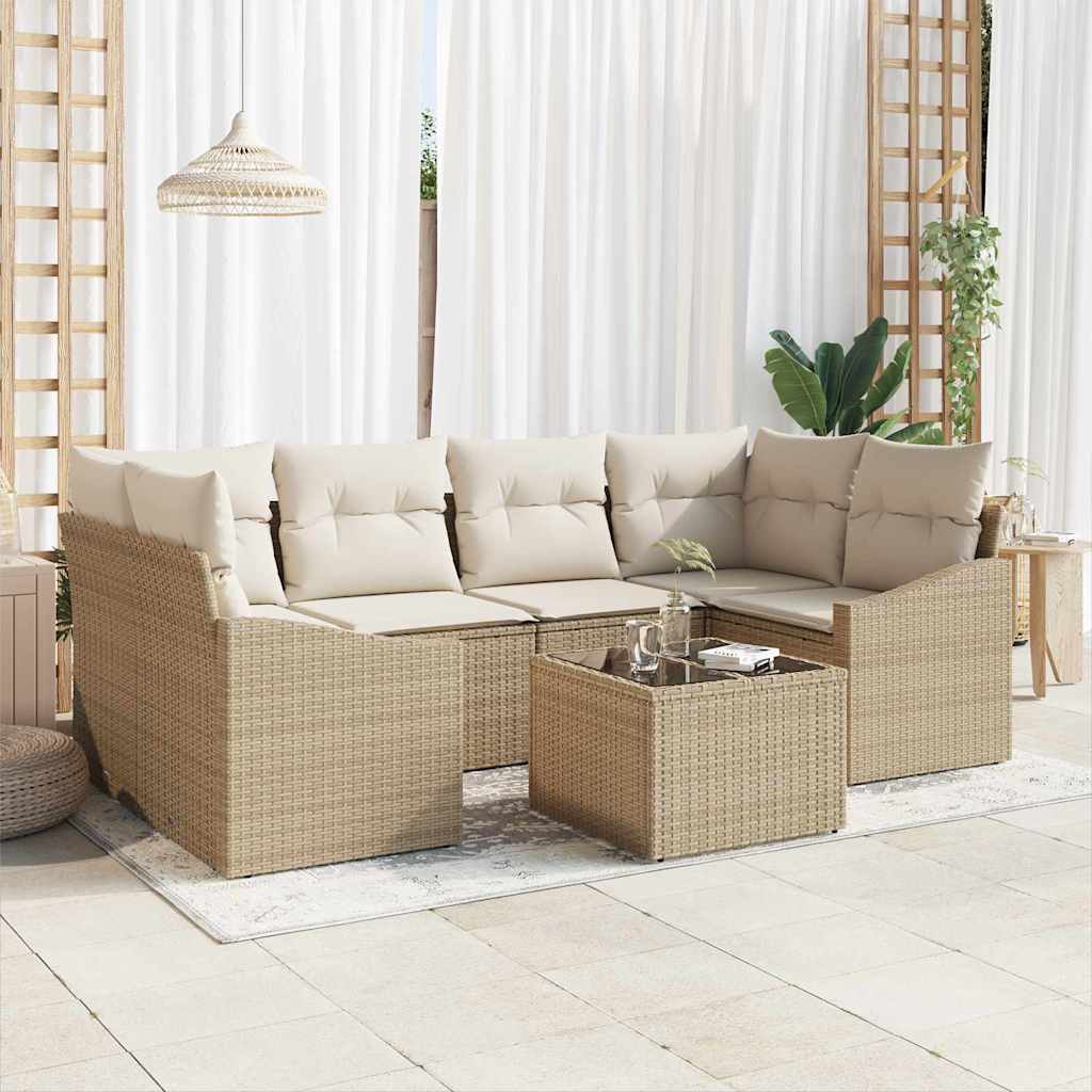 Bankstel met kussen met kussen 7 pcs Beige en Crème poly rattan is nu te koop bij PeponiXL, paradijselijk wonen!
