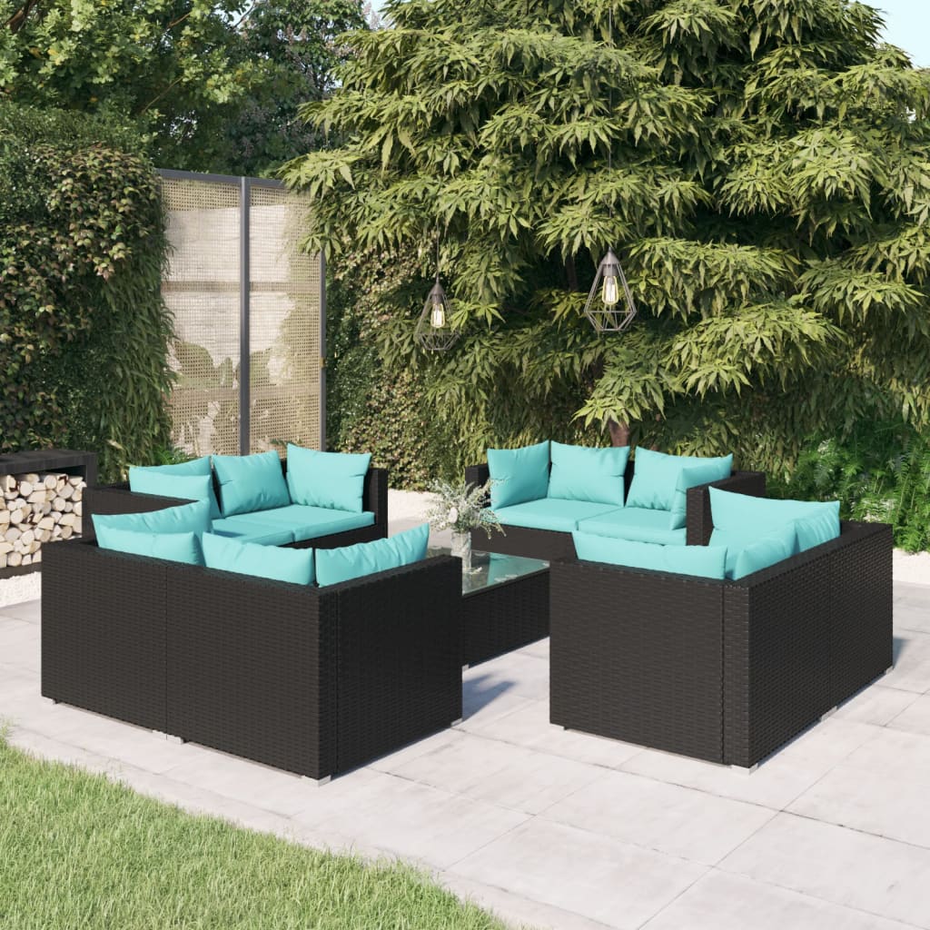 9-delige Loungeset met kussens poly rattan zwart is nu te koop bij PeponiXL, paradijselijk wonen!
