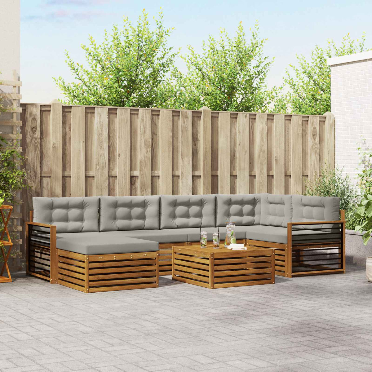 Buiten bankenset met kussen 7 pcs Natuurlijk en Lichtgrijs is nu te koop bij PeponiXL, paradijselijk wonen!