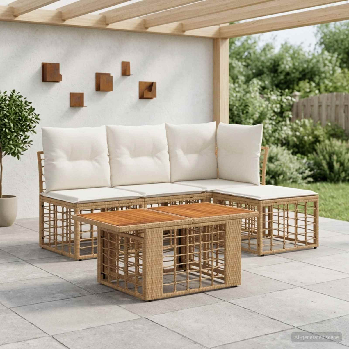 Tuinbankenset 5 st Natuurlijk en Crème Wit poly rattan is nu te koop bij PeponiXL, paradijselijk wonen!