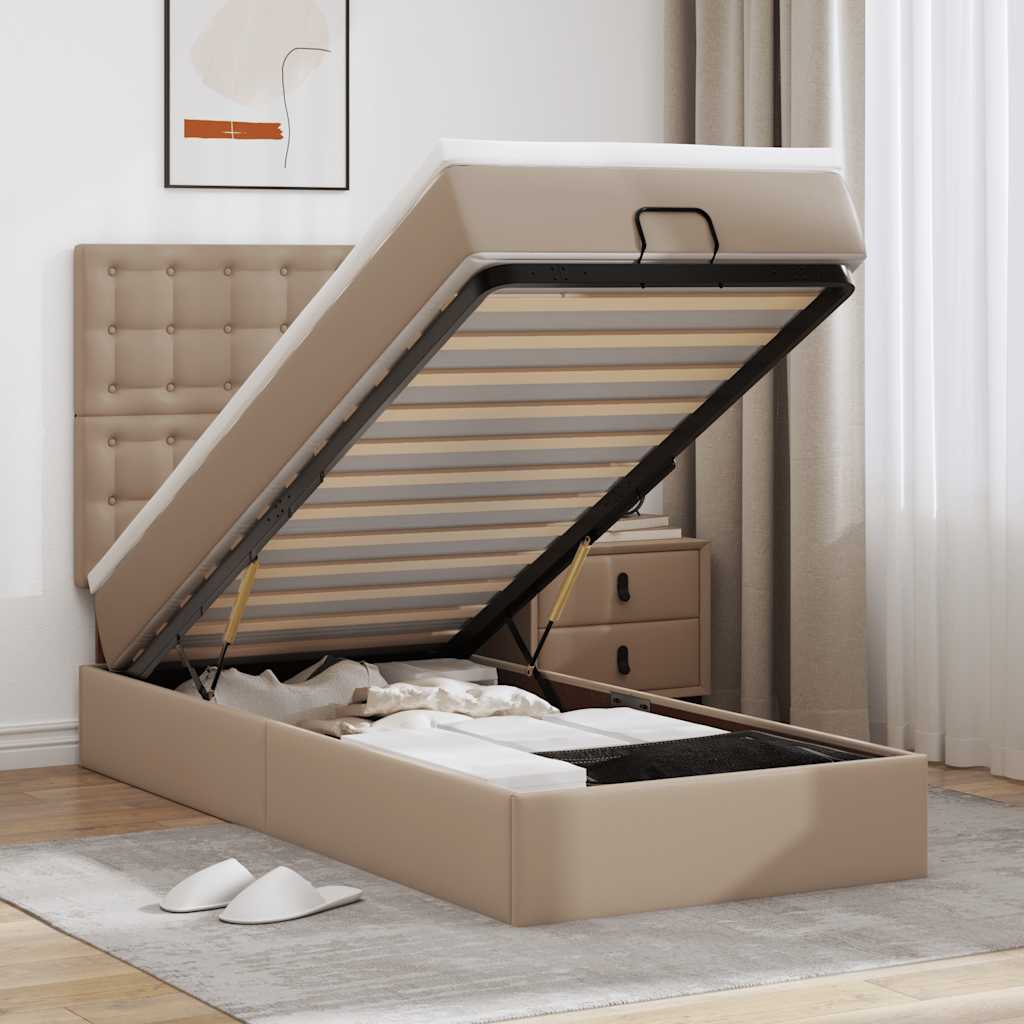 ottomaanse bed met matras 100x200cm kunstleer cappuccinokleurig is nu te koop bij PeponiXL, paradijselijk wonen!