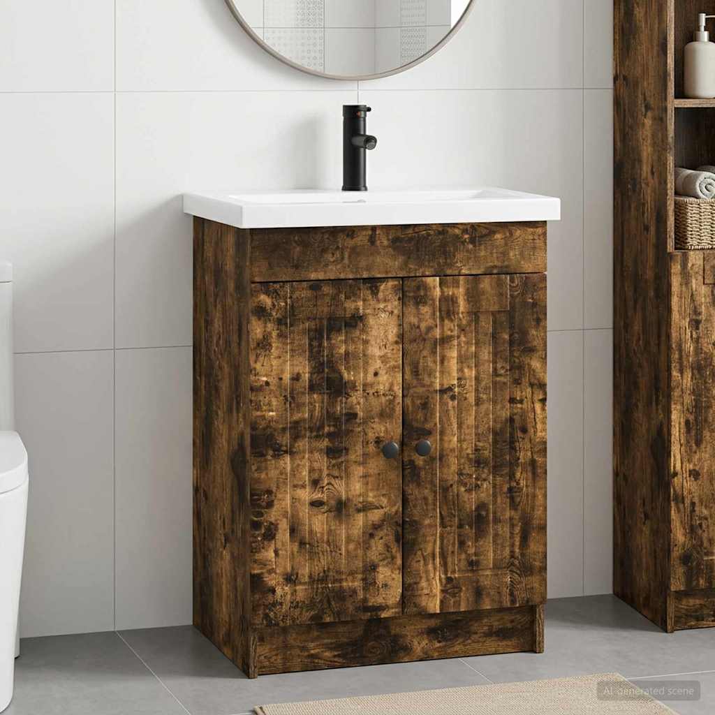 Badkamermeubelset Gerookt eiken 56 x 37,5 x 81 cm Bewerkt hout is nu te koop bij PeponiXL, paradijselijk wonen!