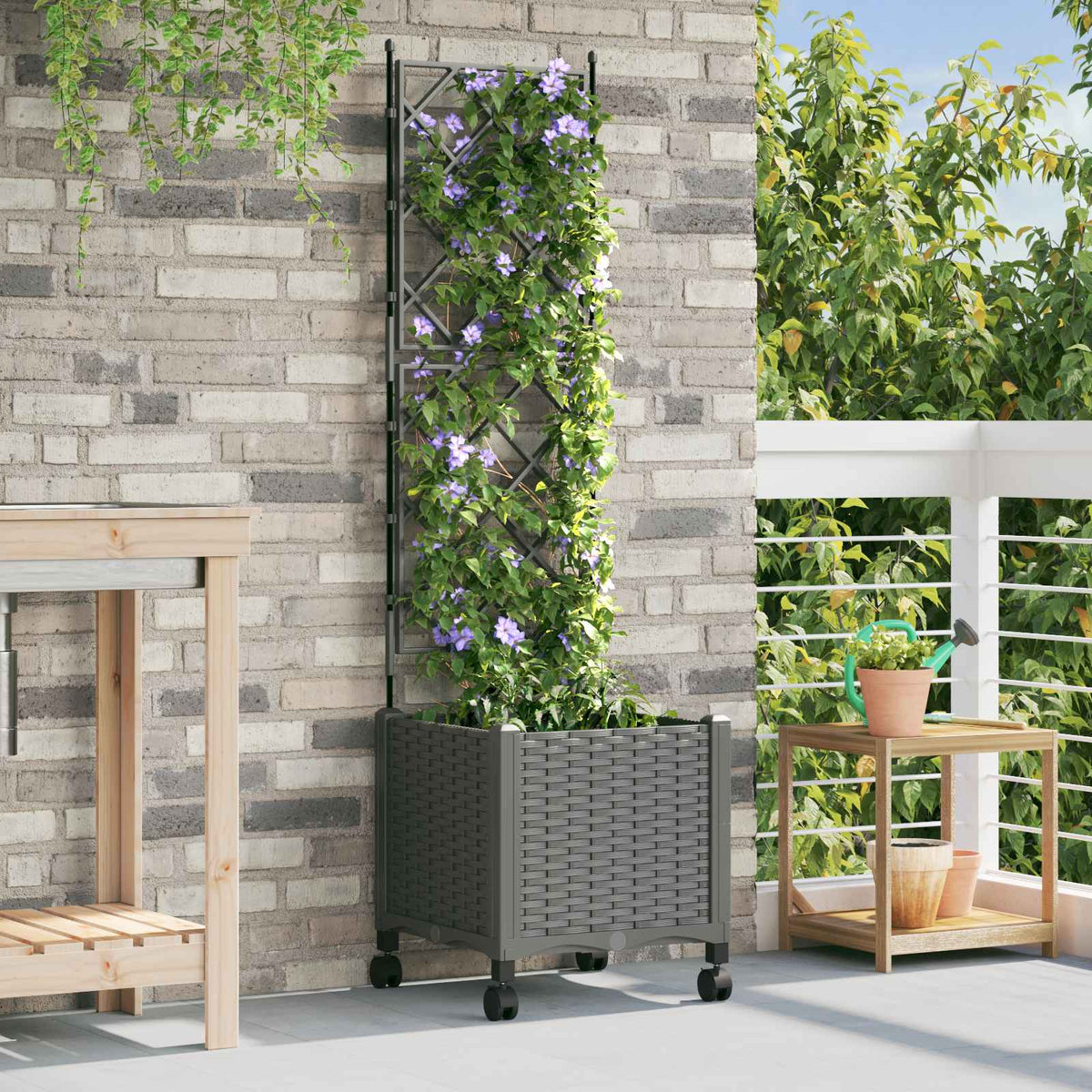 Tuinplantbak met schutting en wielen Lichtgrijs PP is nu te koop bij PeponiXL, paradijselijk wonen!