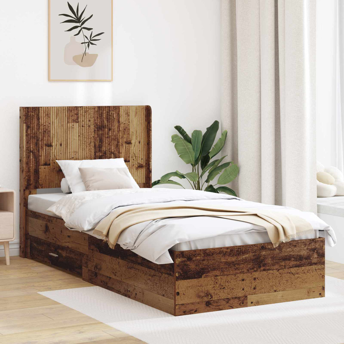 Bedframe met opbergruimte en hoofdbord Oud hout 90 x 200 cm is nu te koop bij PeponiXL, paradijselijk wonen!