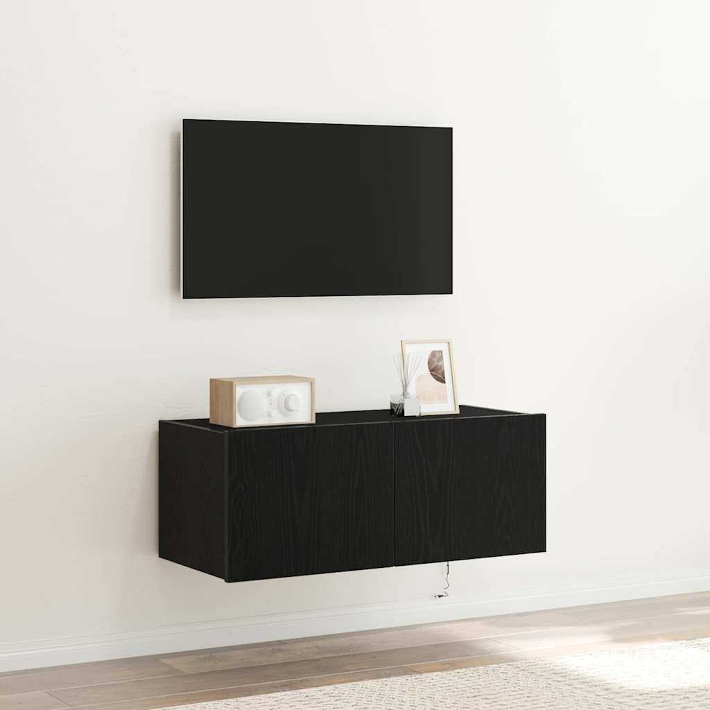 TV Wandkast met LED Zwart Eiken 80 x 35 x 31 cm Bewerkt hout is nu te koop bij PeponiXL, paradijselijk wonen!