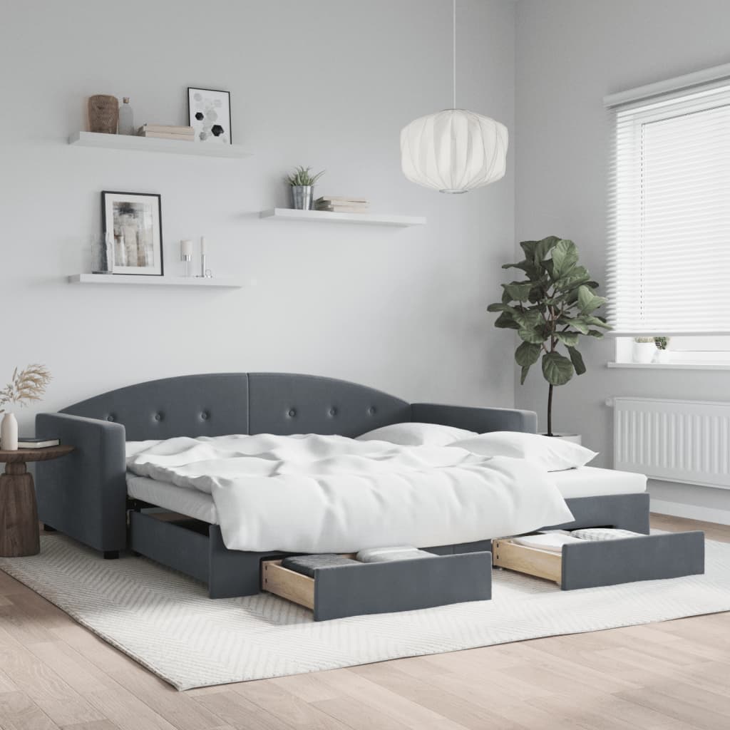 Slaapbank onderschuifbed lades 100x200 cm fluweel donkergrijs is nu te koop bij PeponiXL, paradijselijk wonen!