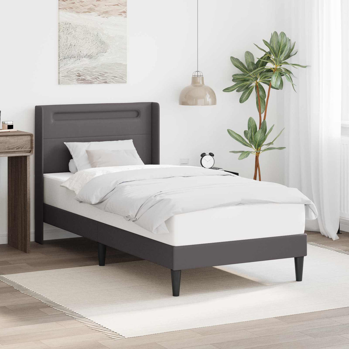 Bedframe met LED-stripverlichting Grijs 90 x 190 cm Kunstleer is nu te koop bij PeponiXL, paradijselijk wonen!