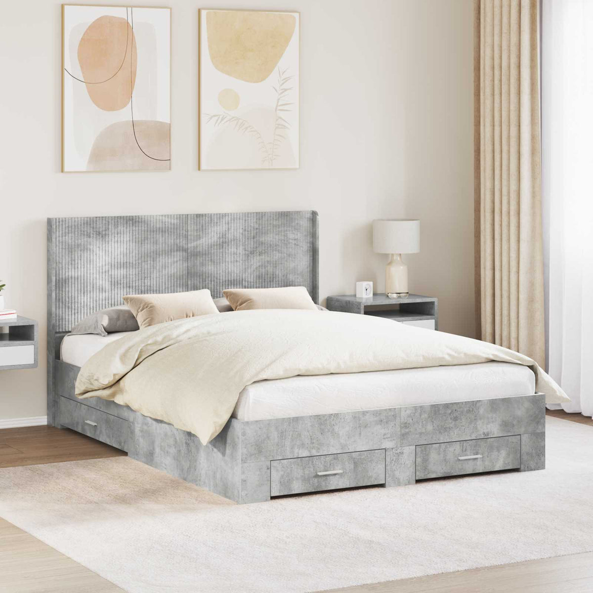 Bedframe met opbergruimte en hoofdbord Betongrijs Bewerkt hout is nu te koop bij PeponiXL, paradijselijk wonen!