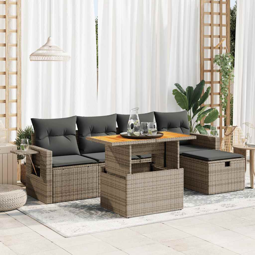 6-delige Loungeset met kussens poly rattan acacia grijs is nu te koop bij PeponiXL, paradijselijk wonen!