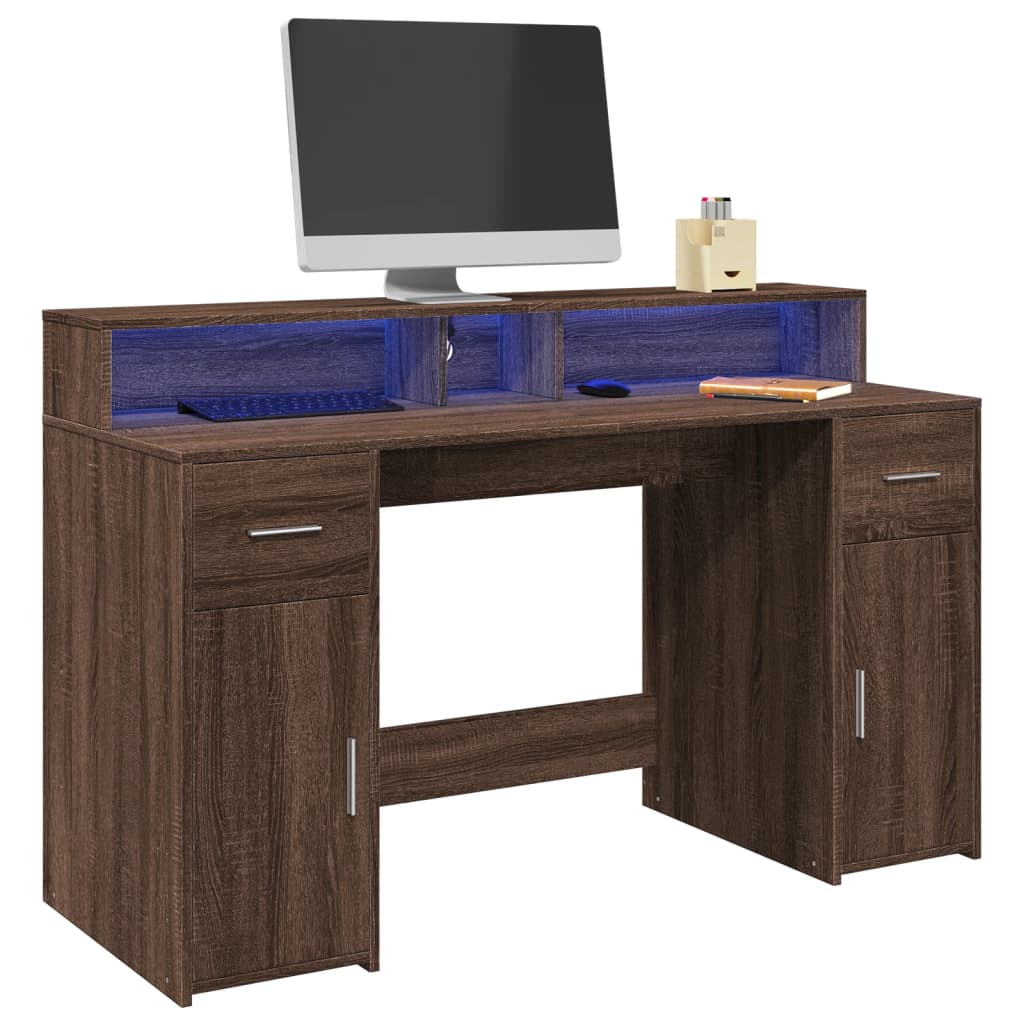 Bureau met LED-verlichting 140x55x91 cm hout bruin eikenkleurig is nu te koop bij PeponiXL, paradijselijk wonen!