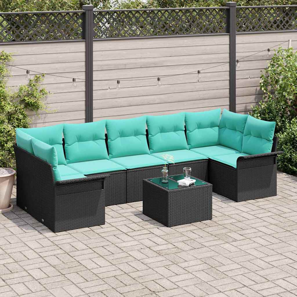 Tuin Sofa Set met kussen 8 pcs Zwart en Turquoise poly rattan is nu te koop bij PeponiXL, paradijselijk wonen!