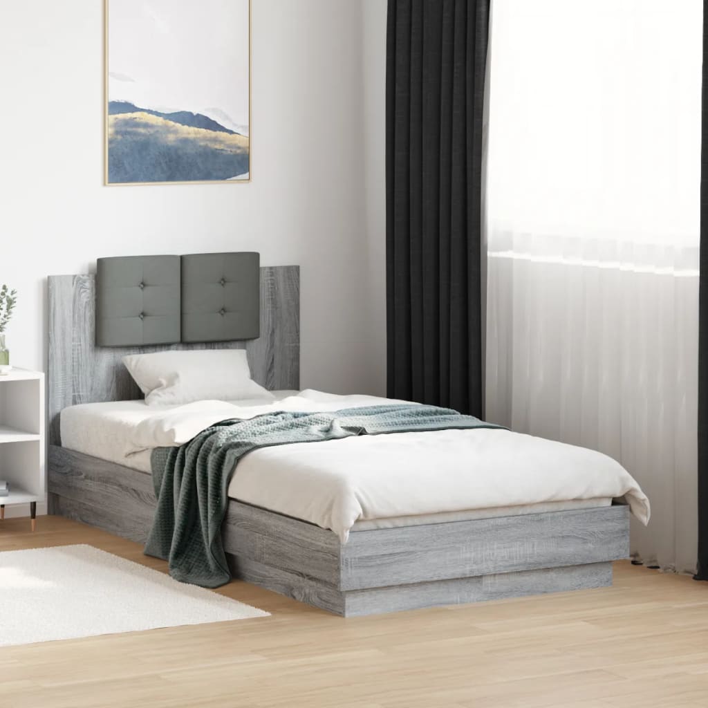 Bedframe met hoofdeinde bewerkt hout grijs sonoma 90x190 cm is nu te koop bij PeponiXL, paradijselijk wonen!