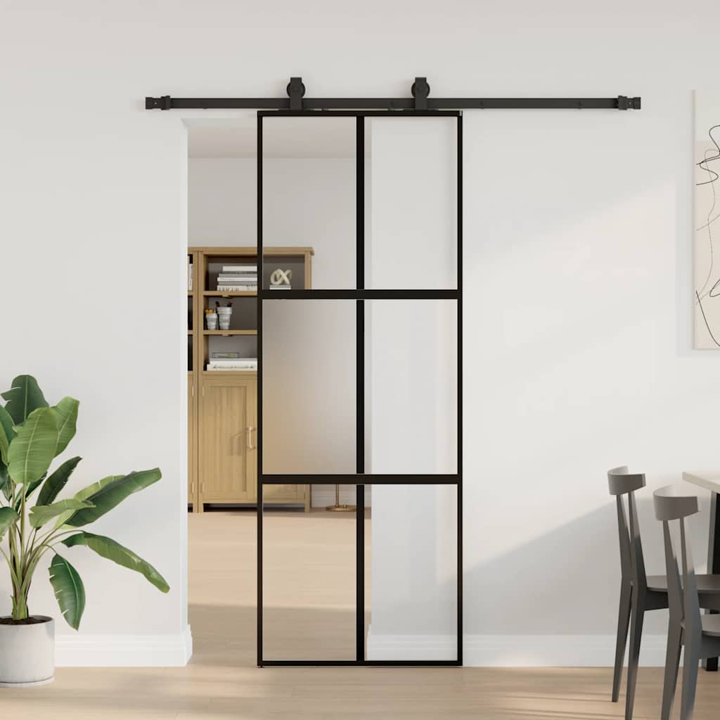 Schuifdeur met beslagset 76x205 cm gehard glas zwart is nu te koop bij PeponiXL, paradijselijk wonen!