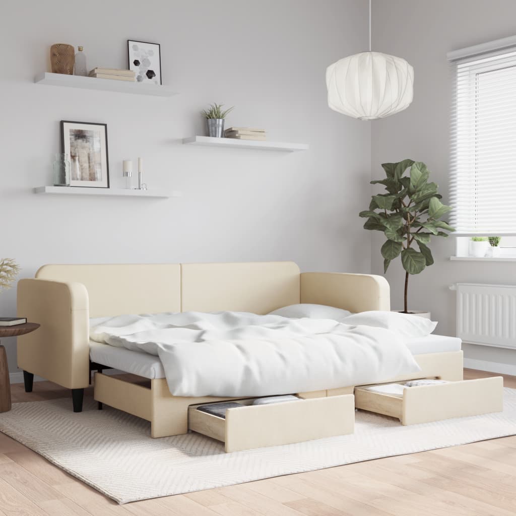 Slaapbank met onderschuifbed en lades 80x200 cm stof crèmekleur is nu te koop bij PeponiXL, paradijselijk wonen!