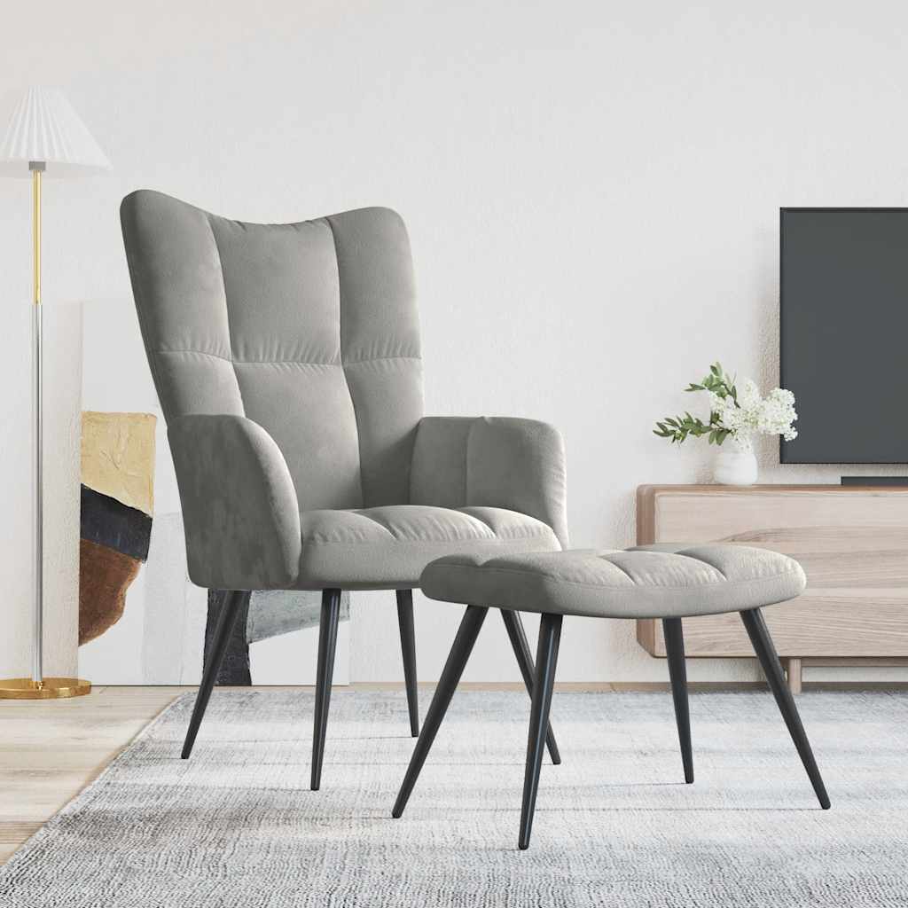 Relaxstoel met voetenbank fluweel lichtgrijs is nu te koop bij PeponiXL, paradijselijk wonen!