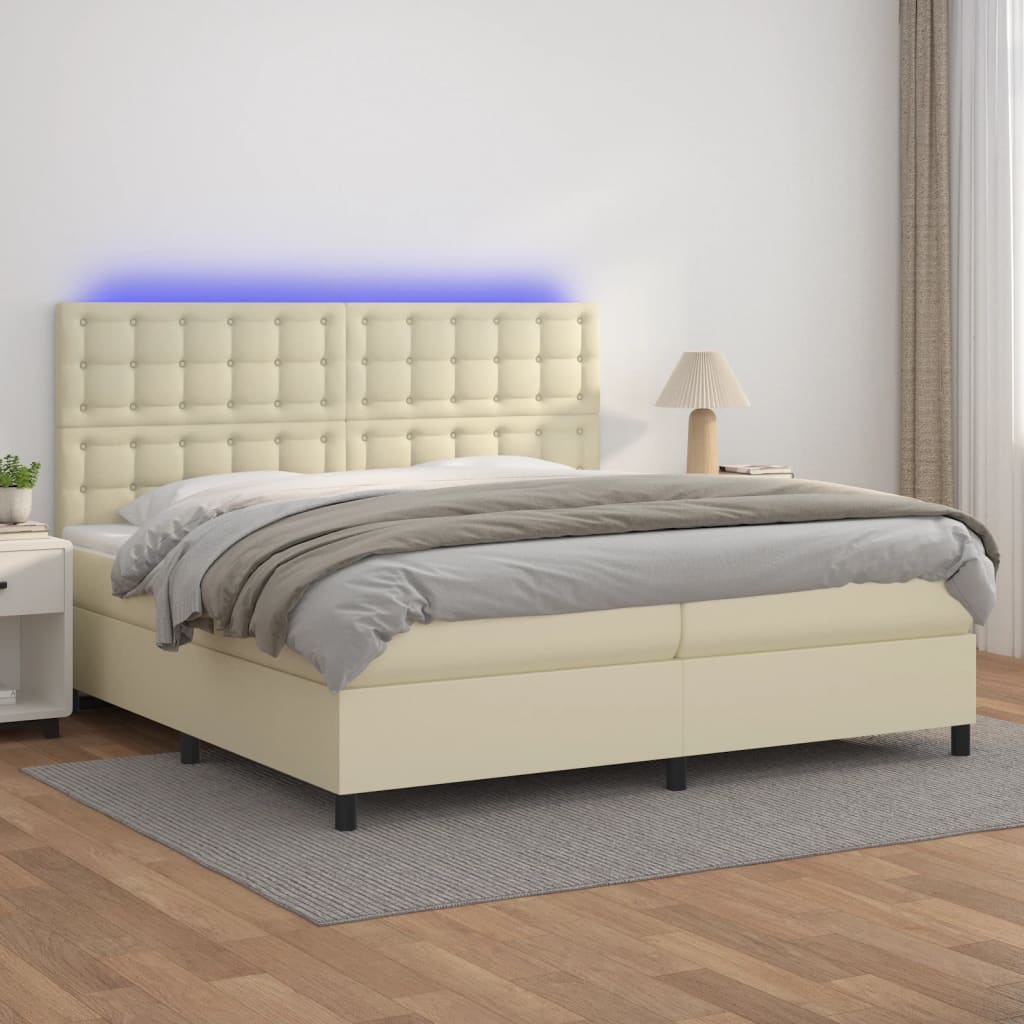 Boxspring met matras en LED kunstleer crèmekleurig 200x200 cm is nu te koop bij PeponiXL, paradijselijk wonen!