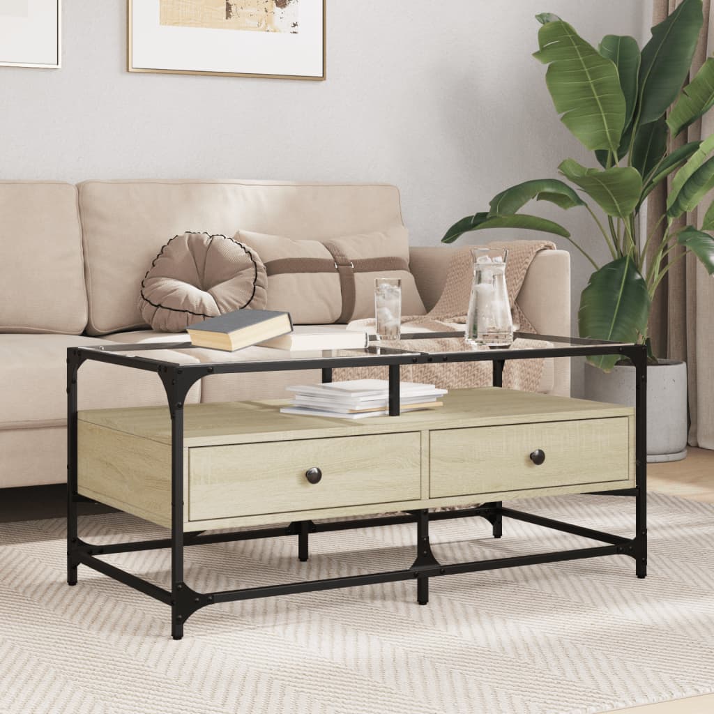 Salontafel met glazen blad 98,5x50x45 cm sonoma eiken staal is nu te koop bij PeponiXL, paradijselijk wonen!