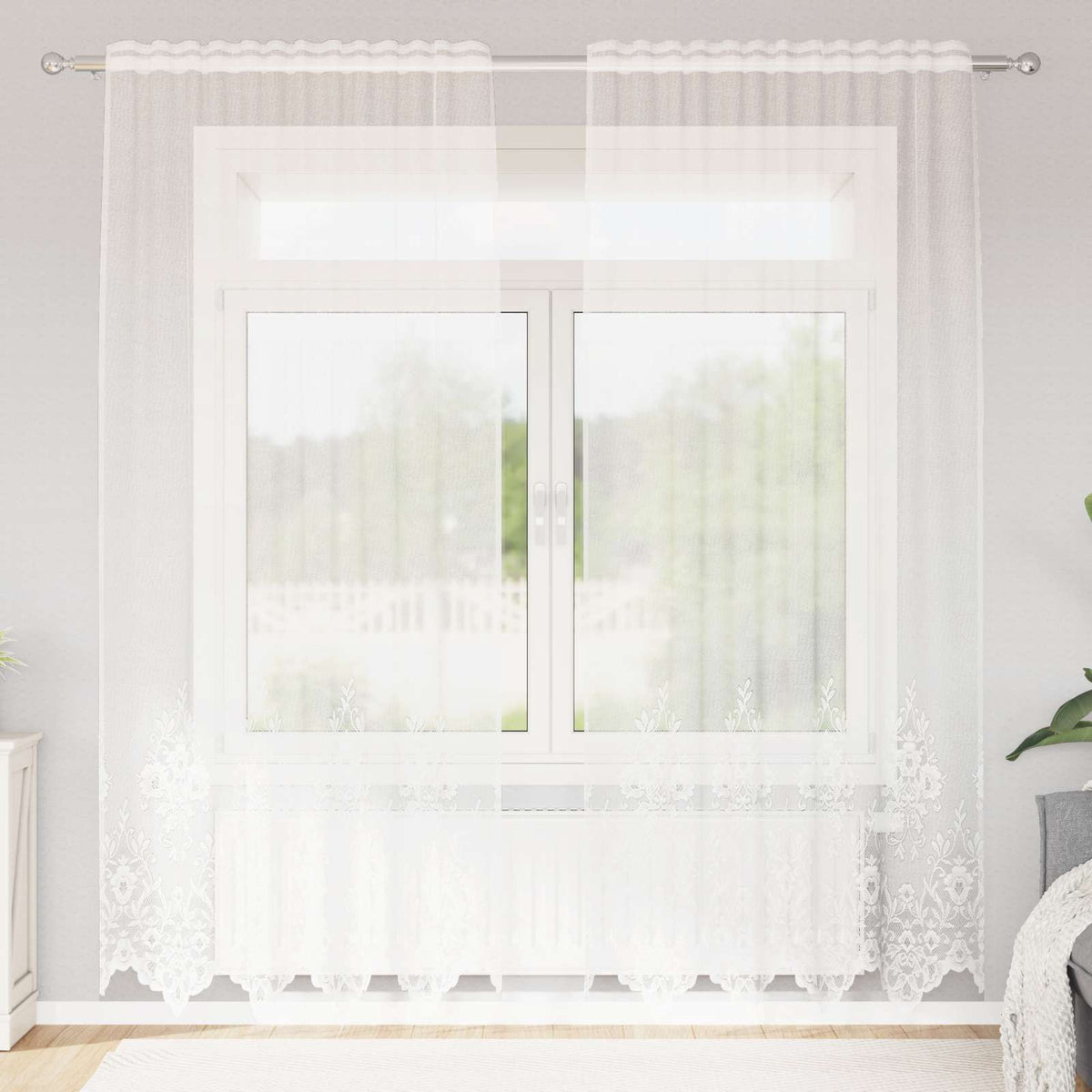 Kantgordijn met gordijnen Bloemen Wit 200 x 150 cm Polyester is nu te koop bij PeponiXL, paradijselijk wonen!