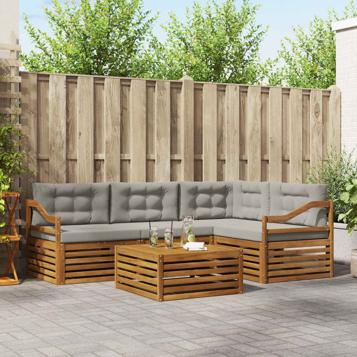 Buiten bankenset met kussen 5 pcs Natuurlijk en Lichtgrijs is nu te koop bij PeponiXL, paradijselijk wonen!