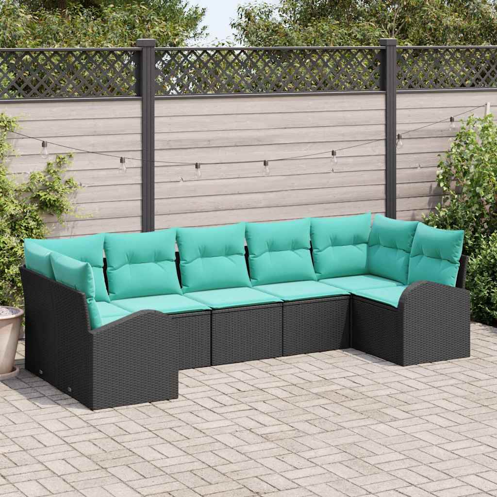 Tuinbankenset met kussen 7 pcs Zwart en Turquoise poly rattan is nu te koop bij PeponiXL, paradijselijk wonen!
