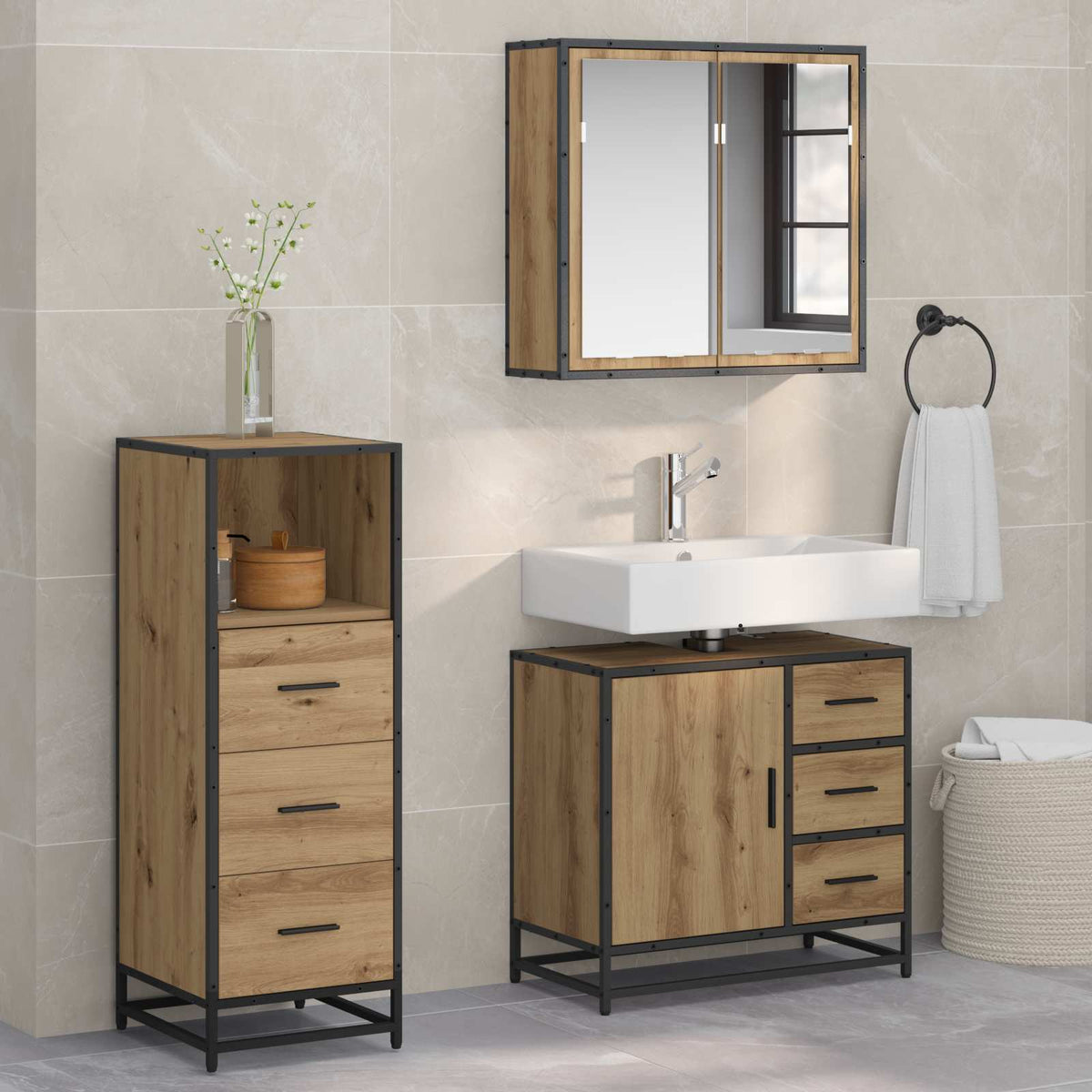 Badkamermeubelset met lade 3 pcs Artisan Eiken Bewerkt hout is nu te koop bij PeponiXL, paradijselijk wonen!