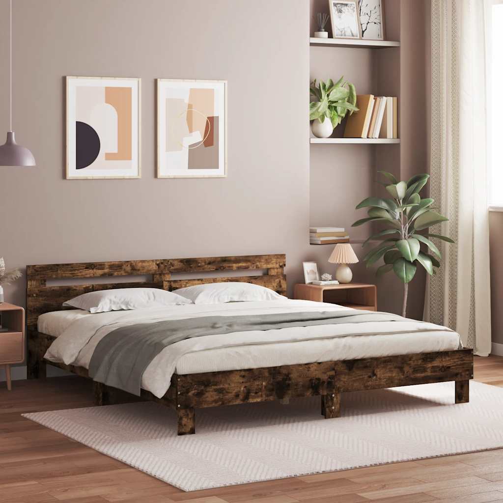 Bedframe met hoofdeinde bewerkt hout gerookt eiken 180x200 cm is nu te koop bij PeponiXL, paradijselijk wonen!
