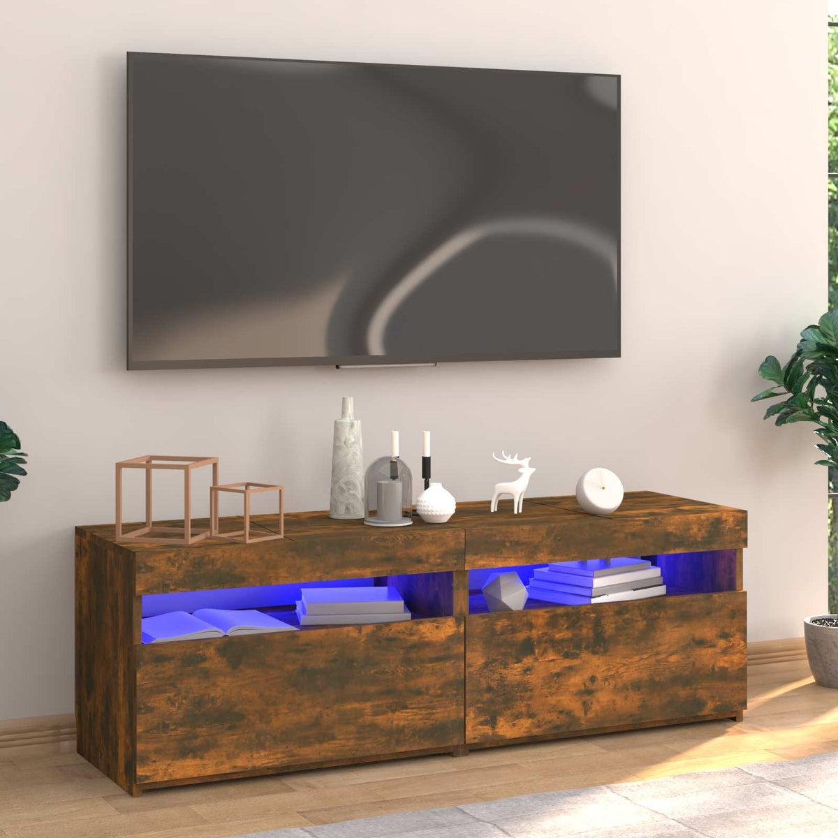Tv-meubel met LED-verlichting 120x35x40 cm gerookt eikenkleurig is nu te koop bij PeponiXL, paradijselijk wonen!