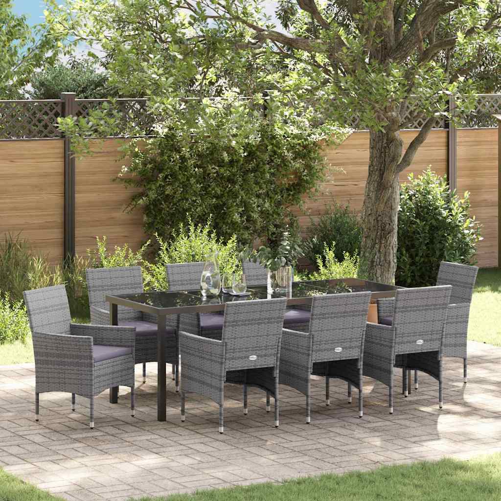 Tuin eettafelset met kussen 9 pcs Grijs poly rattan is nu te koop bij PeponiXL, paradijselijk wonen!