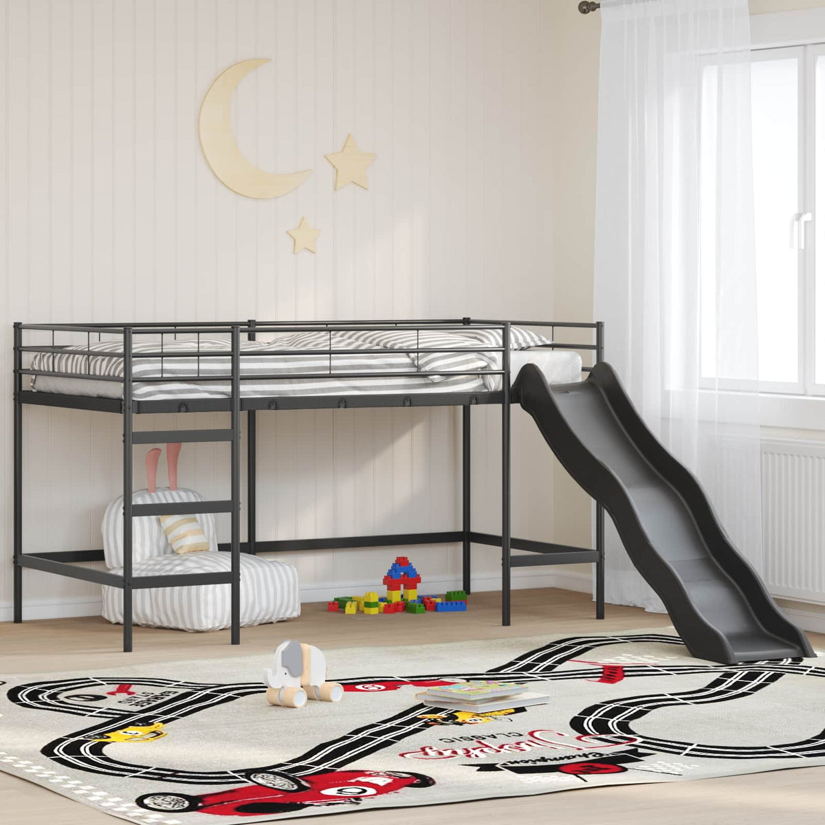 Kinder loft bedframe met glijbaan Zwart en Anthraciet is nu te koop bij PeponiXL, paradijselijk wonen!