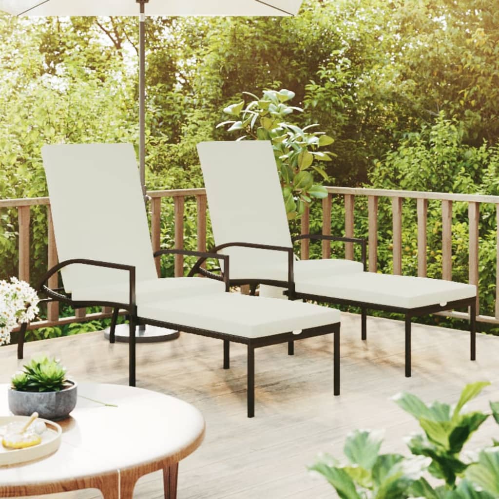 Ligbedden 2 st met voetensteun polyetheen rattan zwart is nu te koop bij PeponiXL, paradijselijk wonen!